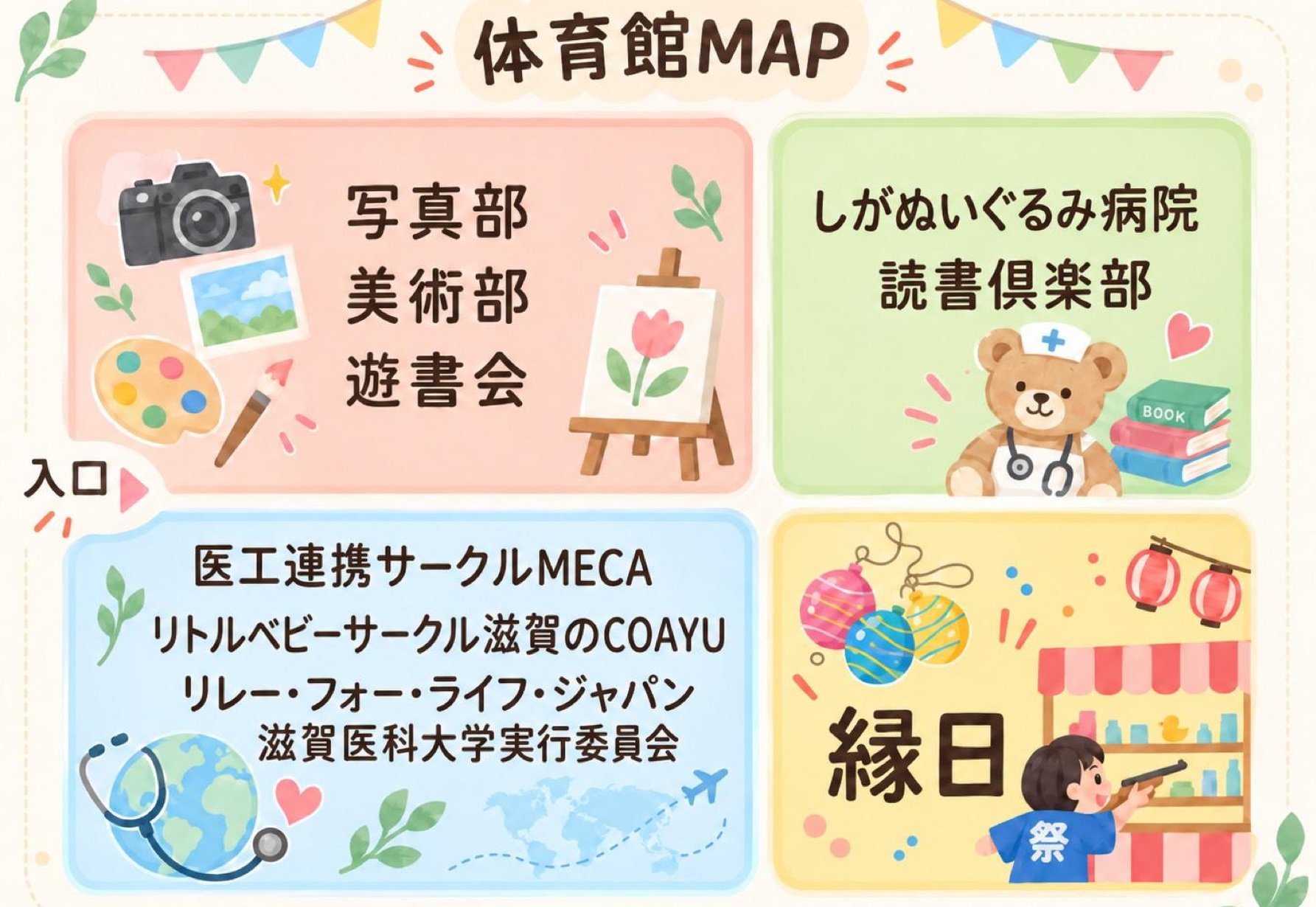 体育館内の部活・サークル展示と縁日の配置図。