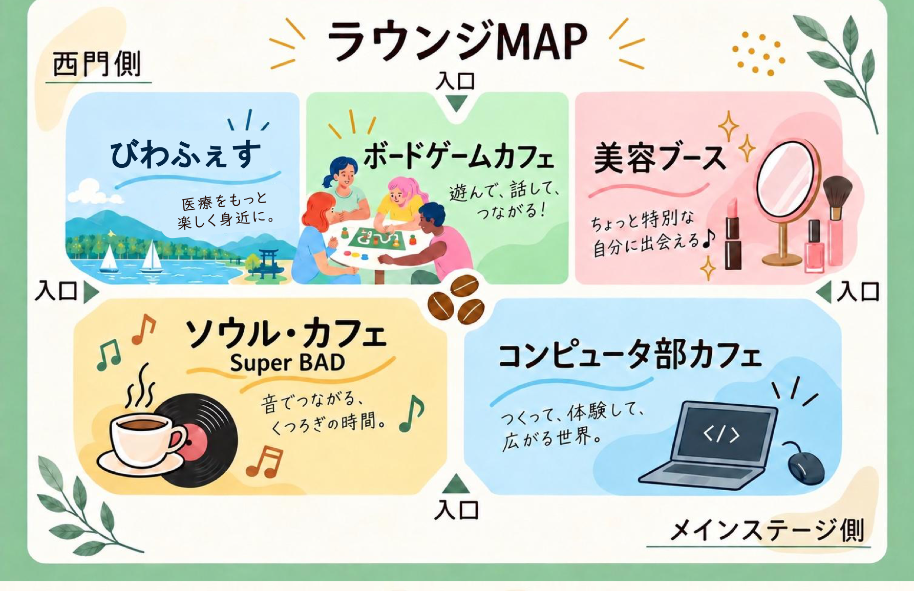 学生ラウンジ内の配置図。びわふぇす、ボードゲームカフェ、美容ブース、24番・Super BAD、23番・Café Compi。