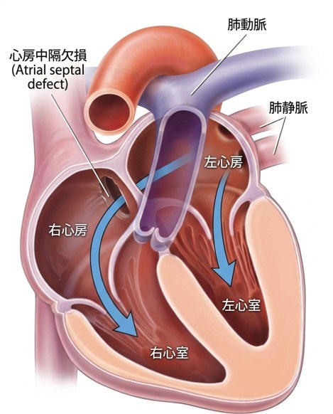 心房中隔欠損症のイラスト：左右の心房を隔てる壁（心房中隔）に穴が開き、血液が左心房から右心房へ流れ込む